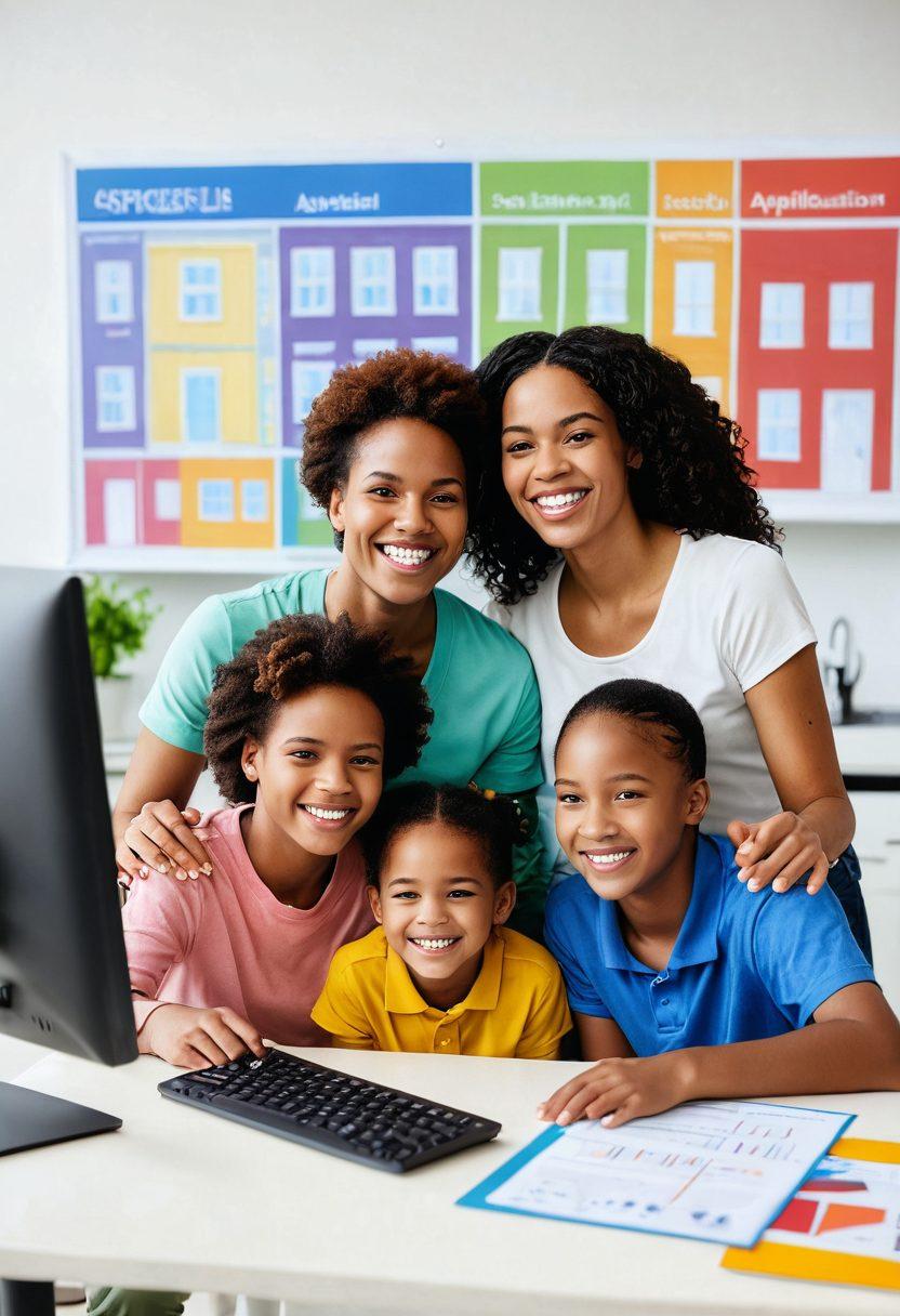 A diverse family joyfully celebrating in front of a computer screen showing a successful online Section 8 application, with government buildings and affordable housing units in the background. The scene is both hopeful and informative, symbolizing accessibility and support through government assistance. Super-realistic. Vibrant colors. White background.