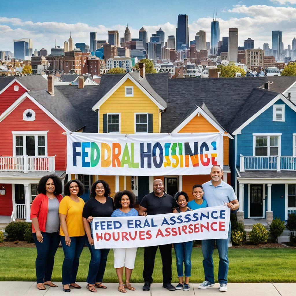 A diverse group of families standing happily in front of colorful, modern homes, symbolizing stability and support. A banner that reads 'Federal Housing Assistance' arches above them with icons of key benefits like affordability, security, and growth. The background shows a city skyline subtly enveloped by supportive hands. super-realistic. vibrant colors.
