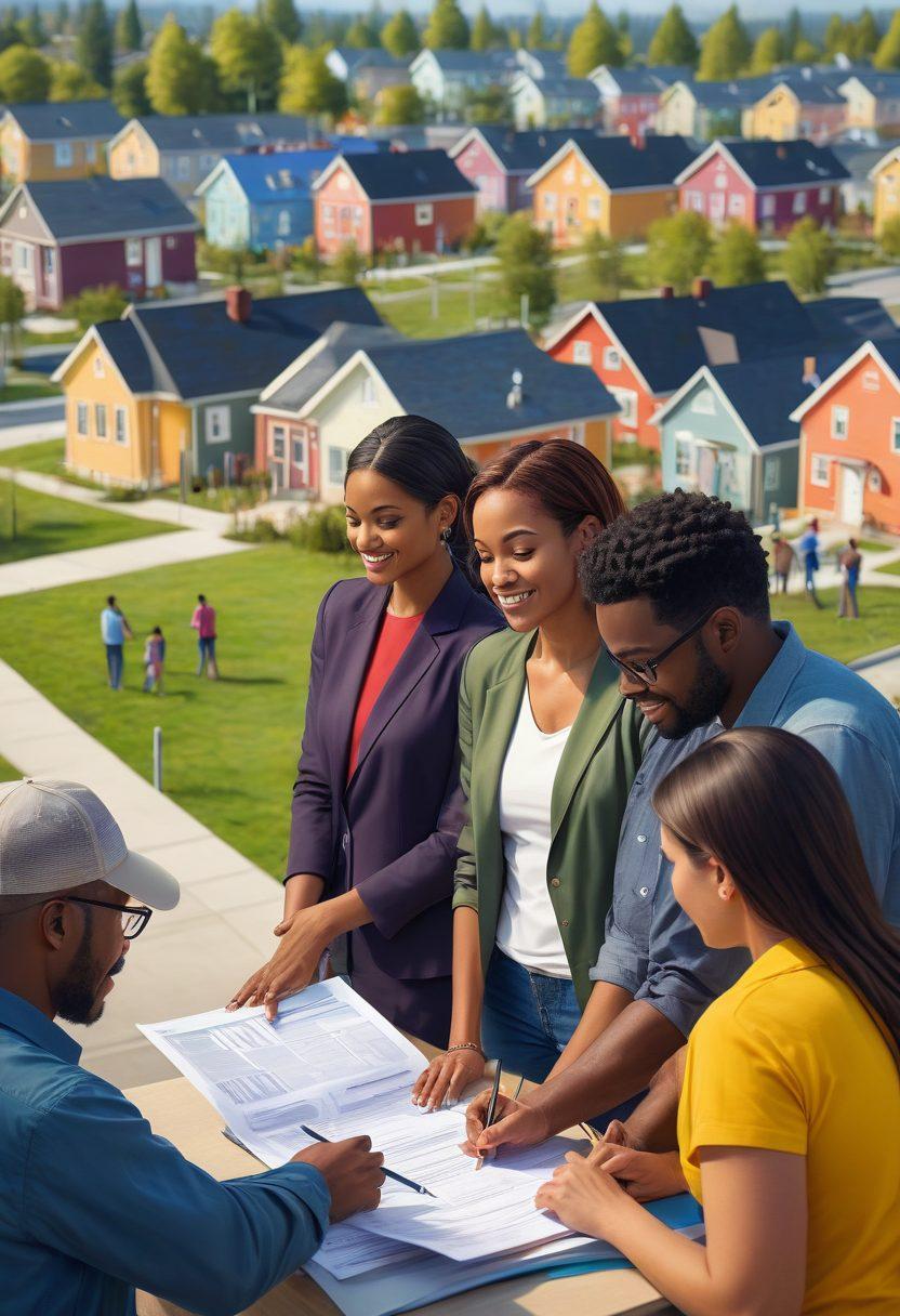 A diverse group of people excitedly reviewing government housing applications amidst a vibrant community setting, with affordable homes in the background and a government building subtly visible. Each person should appear hopeful and optimistic. super-realistic. vibrant colors.